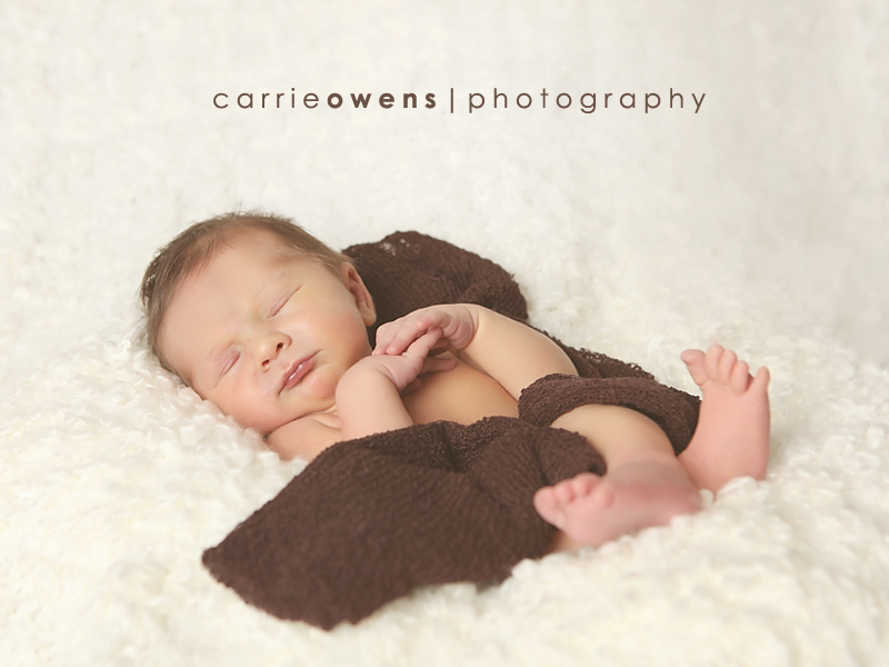 Newborn Photography of baby sleeping with dark brown wrap in Salt Lake City Utah by newborn photographer Carrie Owens