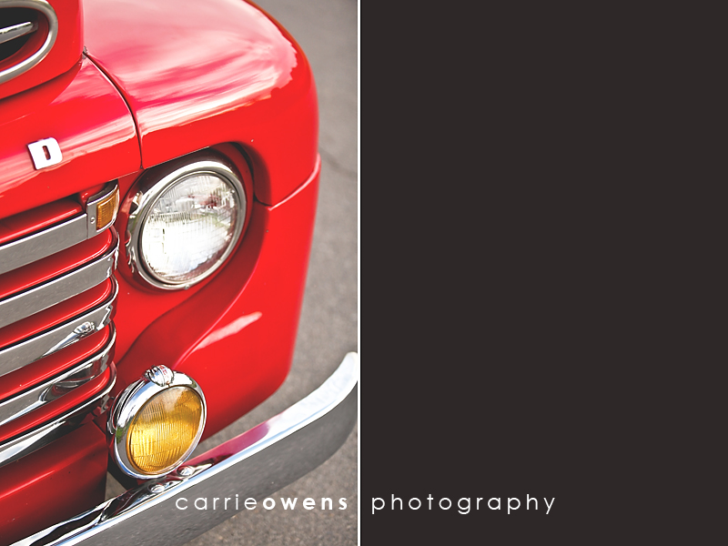 salt lake city utah engagment photographer Carrie Owens captures close up bumper of old red truck at a 50s themed engagement shoot
