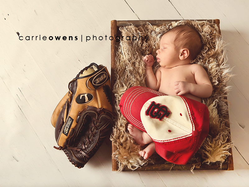 salt lake city utah newborn photographer Carrie Owens captures images of baby boy with baseball cap and glove
