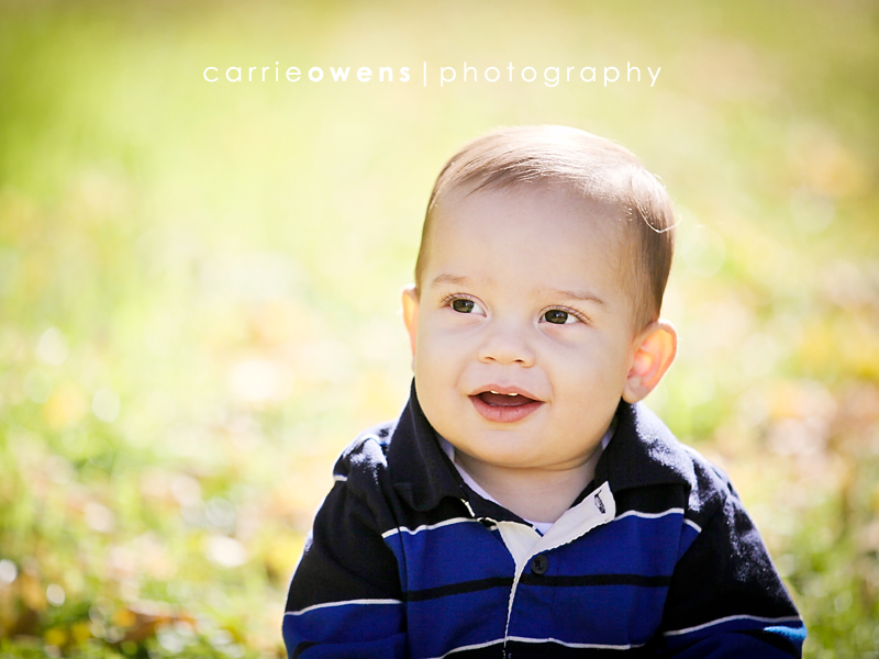 salt lake city child photographer Carrie Owens captures year old boy in the leaves and grass