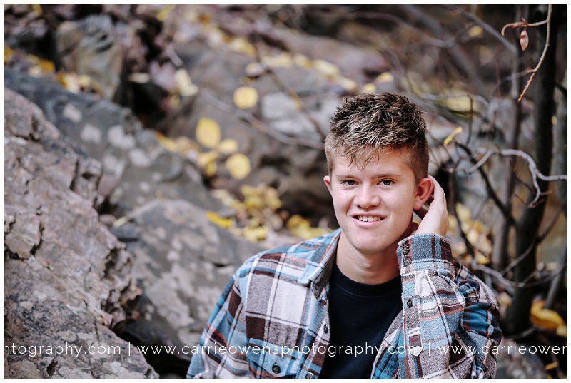 Utah high school senior photographer Carrie Owens photographs senior boy in Big Cottonwood Canyon