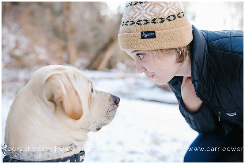 Salt Lake City Utah high school senior photographer Carrie Owens photographs girl and her dog in Millcreek Canyon