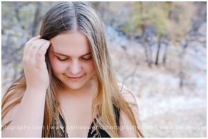 Salt Lake City Utah high school senior photographer Carrie Owens photographs girl in her Carhartt up the canyon