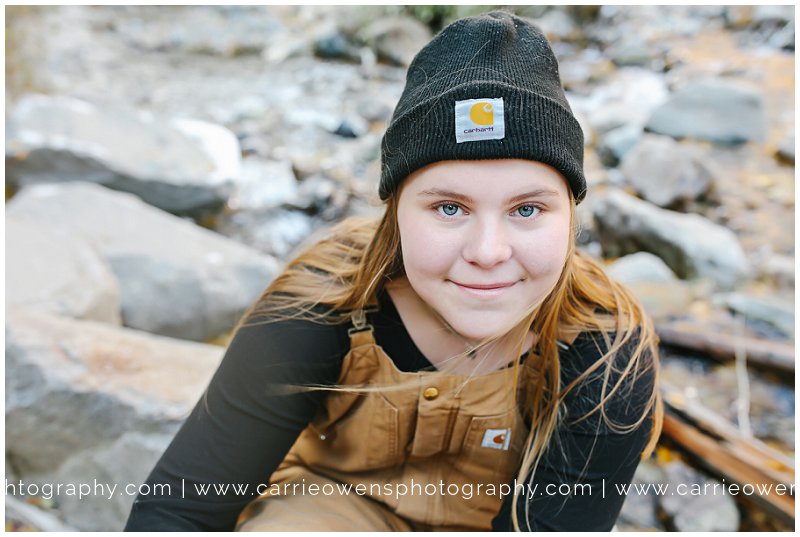 Salt Lake City Utah high school senior photographer Carrie Owens photographs girl in her Carhartt up the canyon